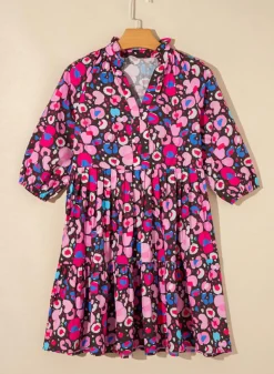 Online Dear-Lover Abstract Print V Neck Collared Half Sleeve Short Dress Rose