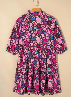 Online Dear-Lover Abstract Print V Neck Collared Half Sleeve Short Dress Rose
