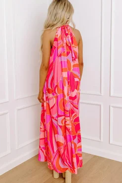 Sale Dear-Lover Abstract Printed High Neck Knotted Nape Sleeveless Maxi Dress Rose