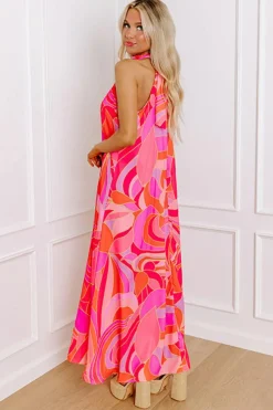 Sale Dear-Lover Abstract Printed High Neck Knotted Nape Sleeveless Maxi Dress Rose