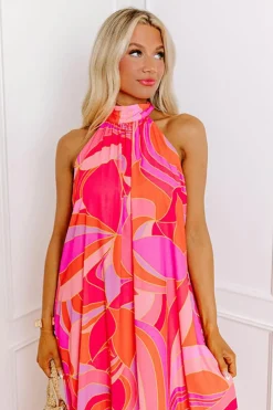 Sale Dear-Lover Abstract Printed High Neck Knotted Nape Sleeveless Maxi Dress Rose