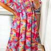 Fashion Dear-Lover Abstract Printed Puff Sleeve Square Neck Smocked Bust Tied Back Plus Size Dress Rose