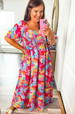 Fashion Dear-Lover Abstract Printed Puff Sleeve Square Neck Smocked Bust Tied Back Plus Size Dress Rose