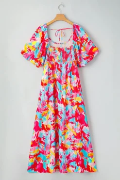 Fashion Dear-Lover Abstract Printed Puff Sleeve Square Neck Smocked Bust Tied Back Plus Size Dress Rose