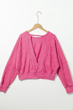 Sale Dear-Lover Acid Wash V-shape Open Back Sweatshirt Rose