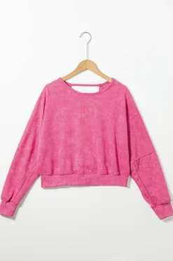 Sale Dear-Lover Acid Wash V-shape Open Back Sweatshirt Rose