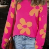 Sale Dear-Lover Big Flower Pattern Mock Neck Long Sleeve Sweater Rose