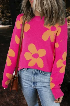 Sale Dear-Lover Big Flower Pattern Mock Neck Long Sleeve Sweater Rose