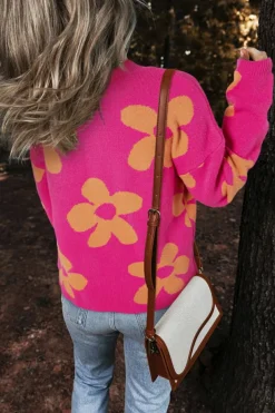 Sale Dear-Lover Big Flower Pattern Mock Neck Long Sleeve Sweater Rose
