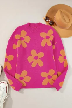 Sale Dear-Lover Big Flower Pattern Mock Neck Long Sleeve Sweater Rose