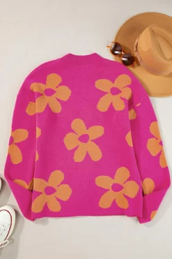 Sale Dear-Lover Big Flower Pattern Mock Neck Long Sleeve Sweater Rose