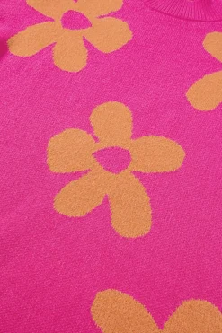 Sale Dear-Lover Big Flower Pattern Mock Neck Long Sleeve Sweater Rose