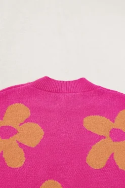 Sale Dear-Lover Big Flower Pattern Mock Neck Long Sleeve Sweater Rose