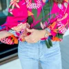 Best Dear-Lover Blooming Flower Print Ruffled Puff Sleeve Blouse Rose