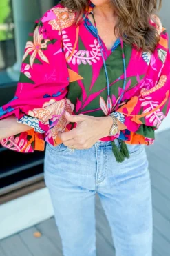 Best Dear-Lover Blooming Flower Print Ruffled Puff Sleeve Blouse Rose
