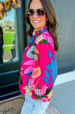 Best Dear-Lover Blooming Flower Print Ruffled Puff Sleeve Blouse Rose