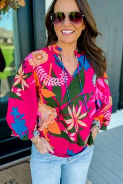 Best Dear-Lover Blooming Flower Print Ruffled Puff Sleeve Blouse Rose