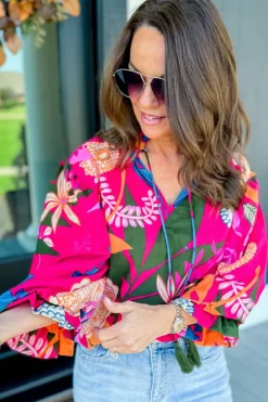 Best Dear-Lover Blooming Flower Print Ruffled Puff Sleeve Blouse Rose