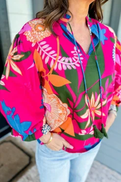 Best Dear-Lover Blooming Flower Print Ruffled Puff Sleeve Blouse Rose