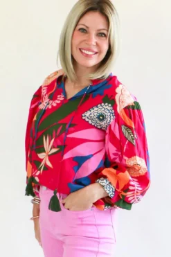 Best Dear-Lover Blooming Flower Print Ruffled Puff Sleeve Blouse Rose