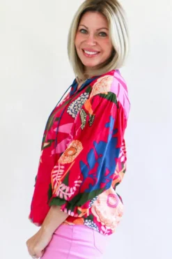Best Dear-Lover Blooming Flower Print Ruffled Puff Sleeve Blouse Rose