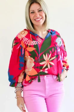 Best Dear-Lover Blooming Flower Print Ruffled Puff Sleeve Blouse Rose