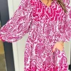 New Dear-Lover Bohemian Print Puff Sleeve Tied V Neck Flared Mini Dress Rose
