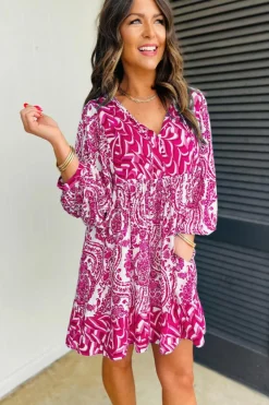 New Dear-Lover Bohemian Print Puff Sleeve Tied V Neck Flared Mini Dress Rose