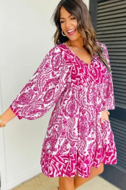 New Dear-Lover Bohemian Print Puff Sleeve Tied V Neck Flared Mini Dress Rose