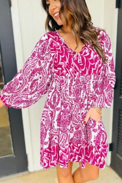New Dear-Lover Bohemian Print Puff Sleeve Tied V Neck Flared Mini Dress Rose