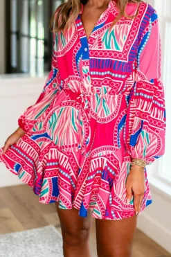 Outlet Dear-Lover Boho Abstract Printed Puff Sleeve Drawstring Waist Ruffled Mini Dress Rose