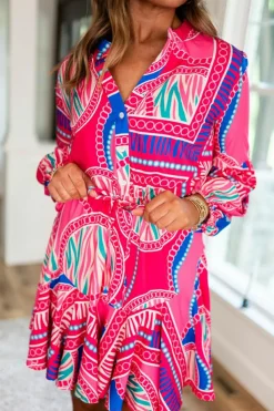 Outlet Dear-Lover Boho Abstract Printed Puff Sleeve Drawstring Waist Ruffled Mini Dress Rose