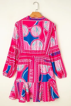 Outlet Dear-Lover Boho Abstract Printed Puff Sleeve Drawstring Waist Ruffled Mini Dress Rose