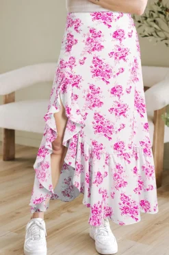 New Dear-Lover Boho Floral High Waist Ruffle Split Maxi Skirt Rose