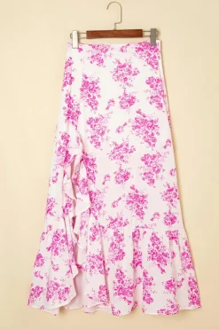New Dear-Lover Boho Floral High Waist Ruffle Split Maxi Skirt Rose