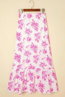 New Dear-Lover Boho Floral High Waist Ruffle Split Maxi Skirt Rose