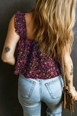 Sale Dear-Lover Boho Frilled Straps Floral Tank Top Rose