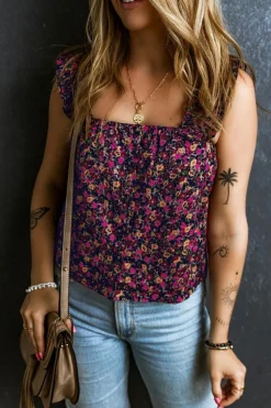 Sale Dear-Lover Boho Frilled Straps Floral Tank Top Rose