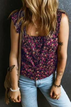 Sale Dear-Lover Boho Frilled Straps Floral Tank Top Rose