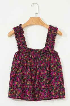 Sale Dear-Lover Boho Frilled Straps Floral Tank Top Rose