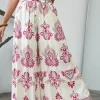 Fashion Dear-Lover Boho Printed Shirred High Waist Flowy Wide Leg Pants Rose
