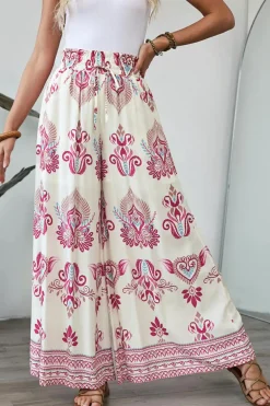 Fashion Dear-Lover Boho Printed Shirred High Waist Flowy Wide Leg Pants Rose
