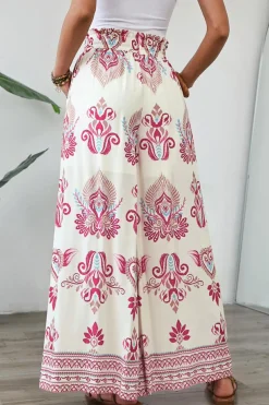 Fashion Dear-Lover Boho Printed Shirred High Waist Flowy Wide Leg Pants Rose