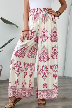 Fashion Dear-Lover Boho Printed Shirred High Waist Flowy Wide Leg Pants Rose