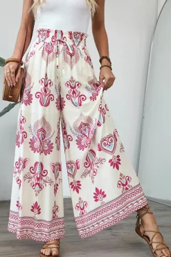 Fashion Dear-Lover Boho Printed Shirred High Waist Flowy Wide Leg Pants Rose