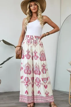 Fashion Dear-Lover Boho Printed Shirred High Waist Flowy Wide Leg Pants Rose