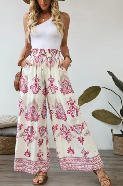 Fashion Dear-Lover Boho Printed Shirred High Waist Flowy Wide Leg Pants Rose