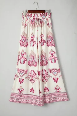 Fashion Dear-Lover Boho Printed Shirred High Waist Flowy Wide Leg Pants Rose