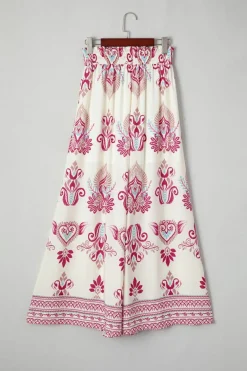 Fashion Dear-Lover Boho Printed Shirred High Waist Flowy Wide Leg Pants Rose