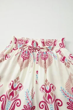 Fashion Dear-Lover Boho Printed Shirred High Waist Flowy Wide Leg Pants Rose